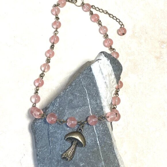 Cute Cherry Quartz Bronze Slim Mushroom Pendant Adjustable Choker - Picture 6 of 16